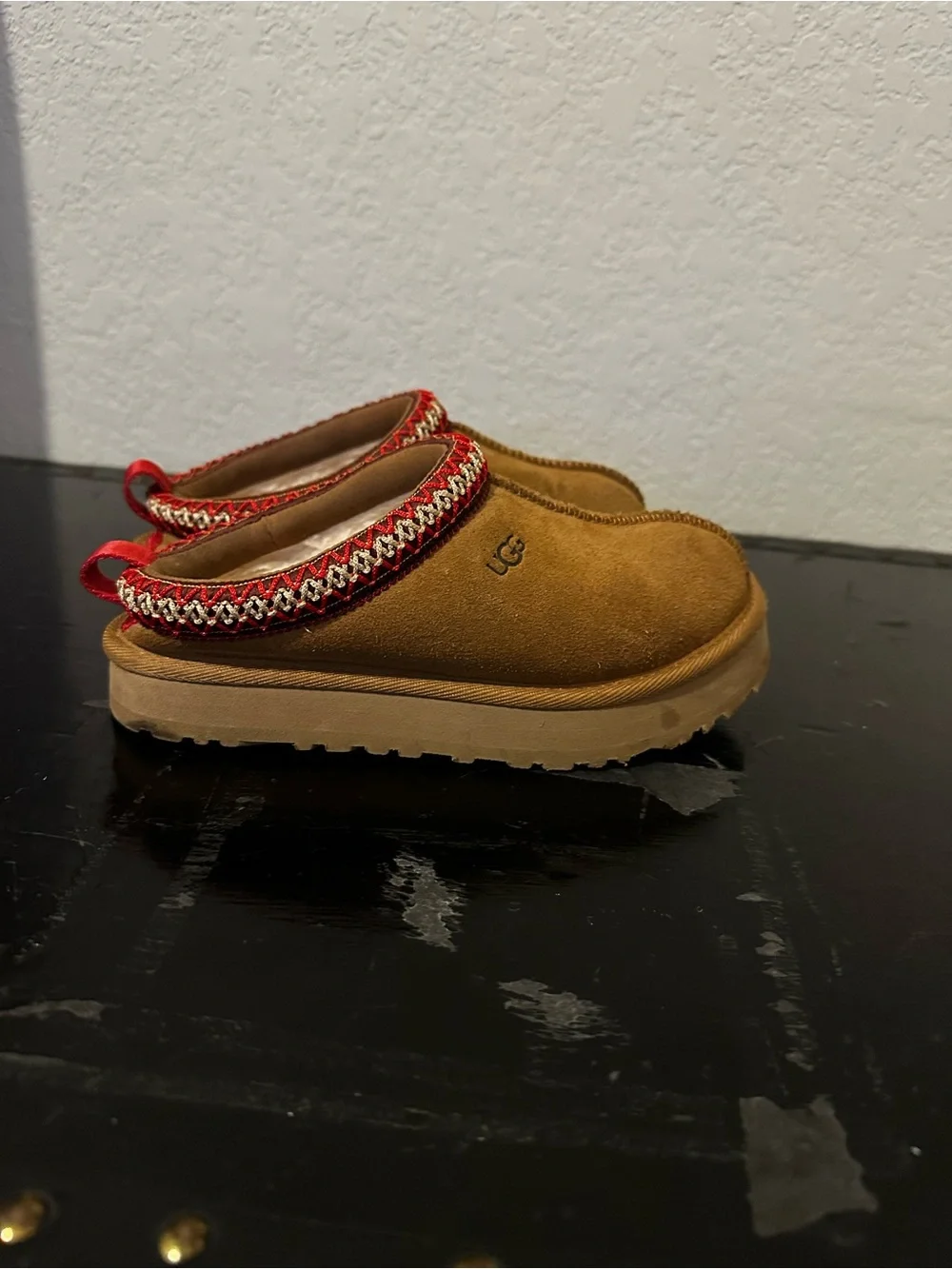 UGG Chestnut Suede Slip-On Clog with Red Trim